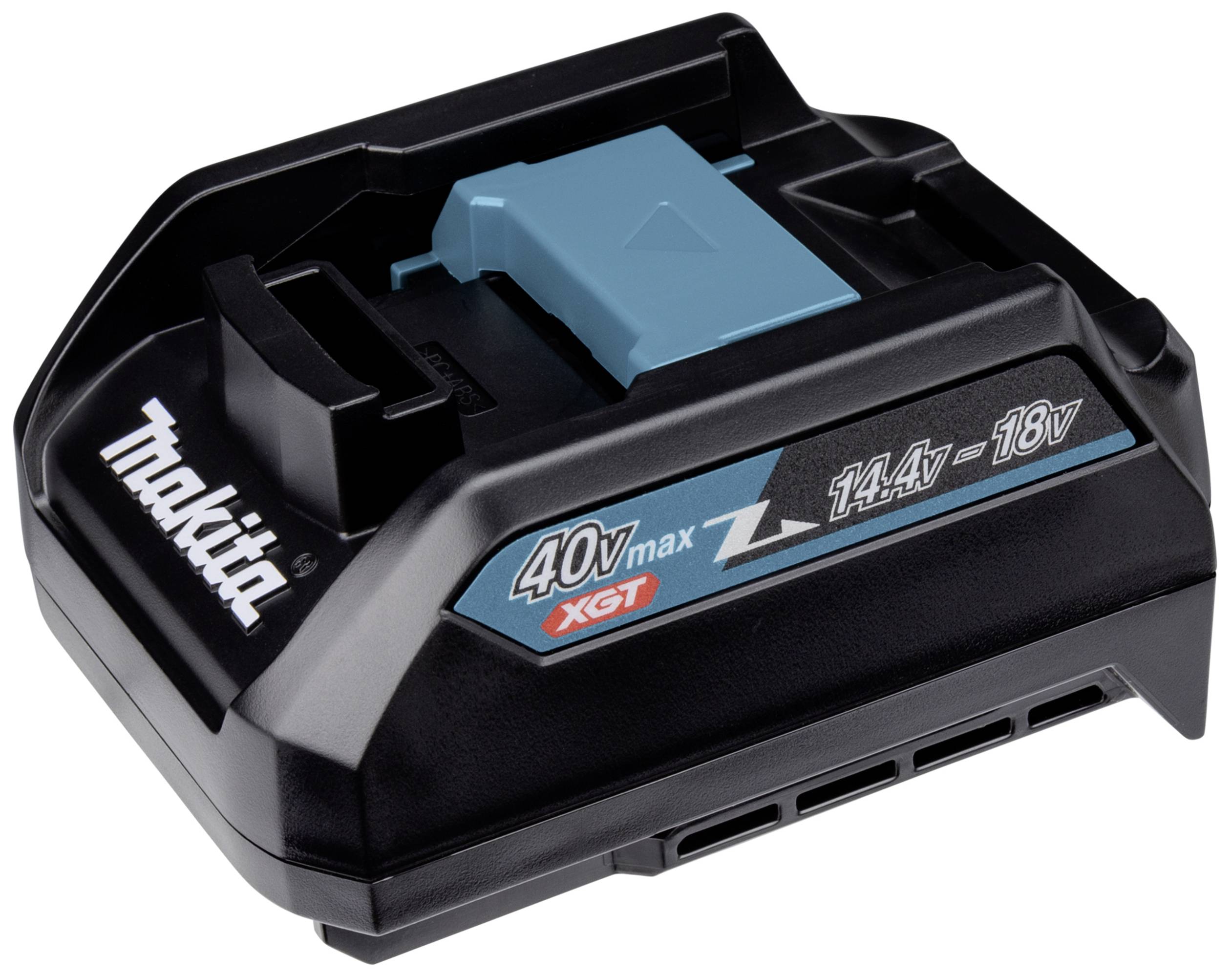 Akkuladegerät von Makita, kompatibel mit 40V Max und 14,4-18V XGT Akkus, in schwarzer und blauer Farbe.