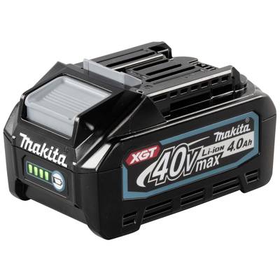 Ein schwarzer Makita XGT 40V Max Li-ion 4.0Ah Akku. Auf der Vorderseite sind vier LEDs zur Ladeanzeige.