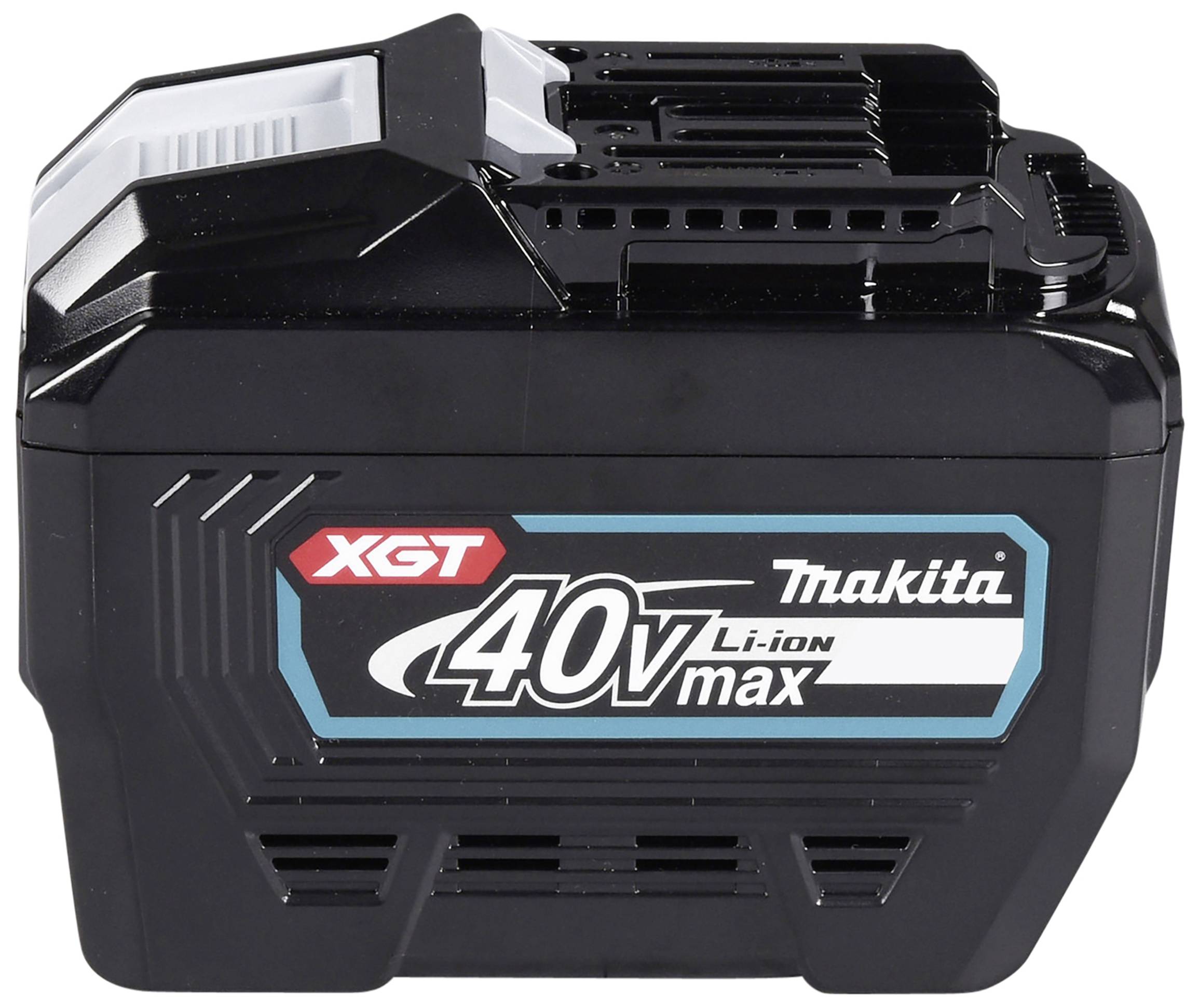 Schwarzer Akku mit der Aufschrift 'XGT 40V max Makita Li-ion'. Geeignet für Elektrowerkzeuge, kompakt und leistungsstark.