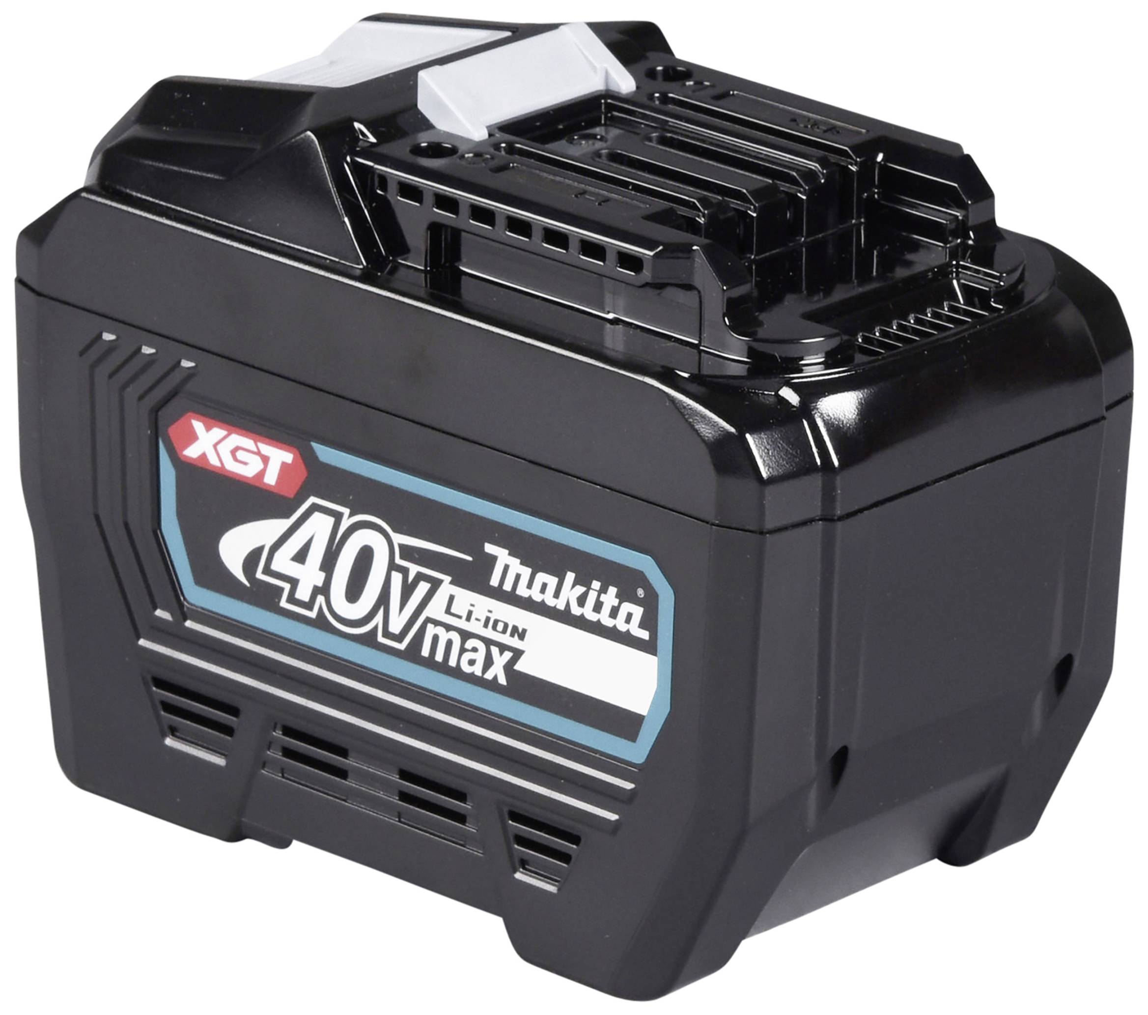 Ein schwarzer 40V Li-Ion Akku der Marke Makita, Serie 'XGT', für Elektrowerkzeuge.