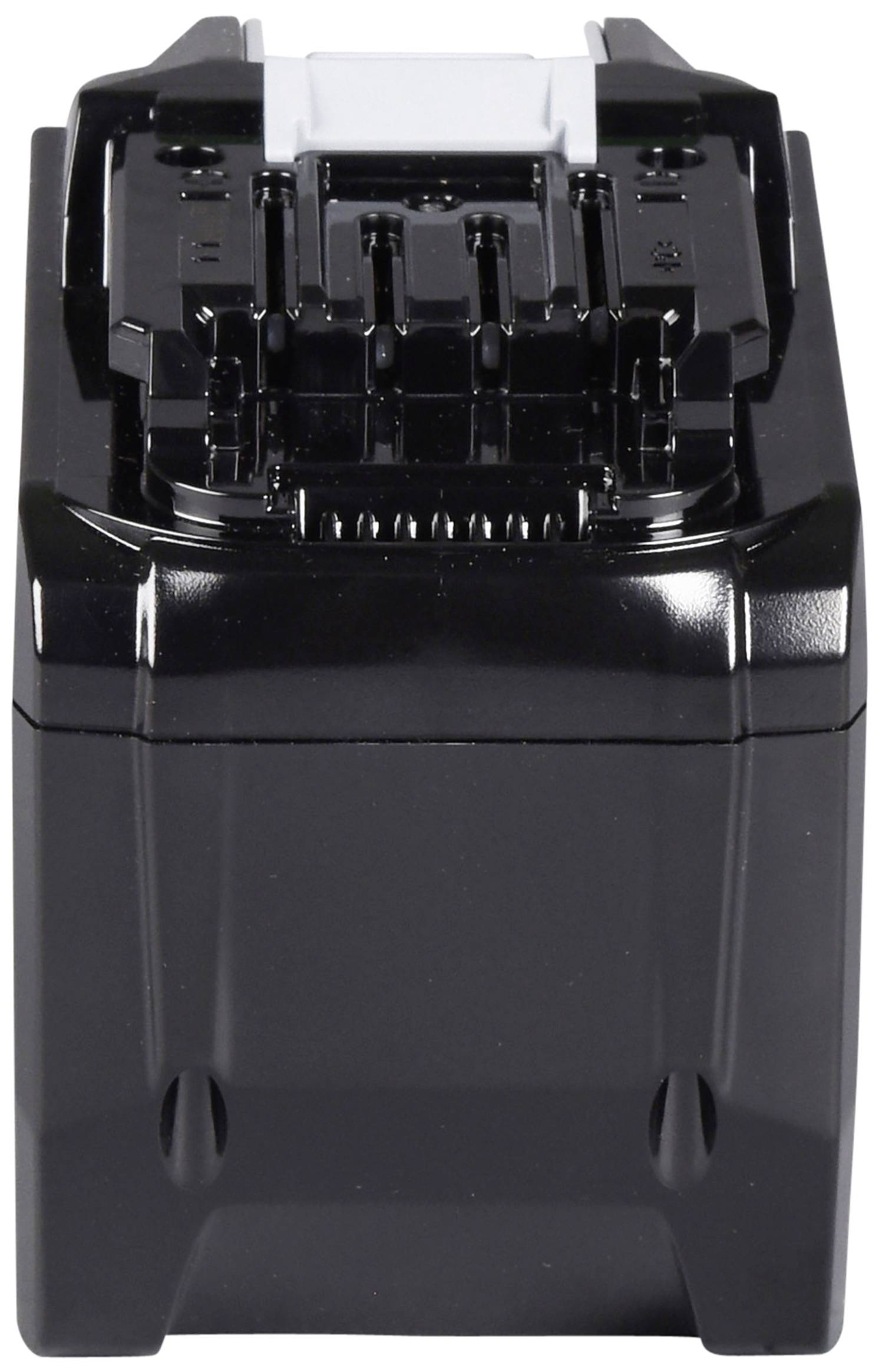 Schwarz glänzender Batteriestreifen, frontal sichtbar, mit mehreren Anschlusspunkten oben, vor weißem Hintergrund.