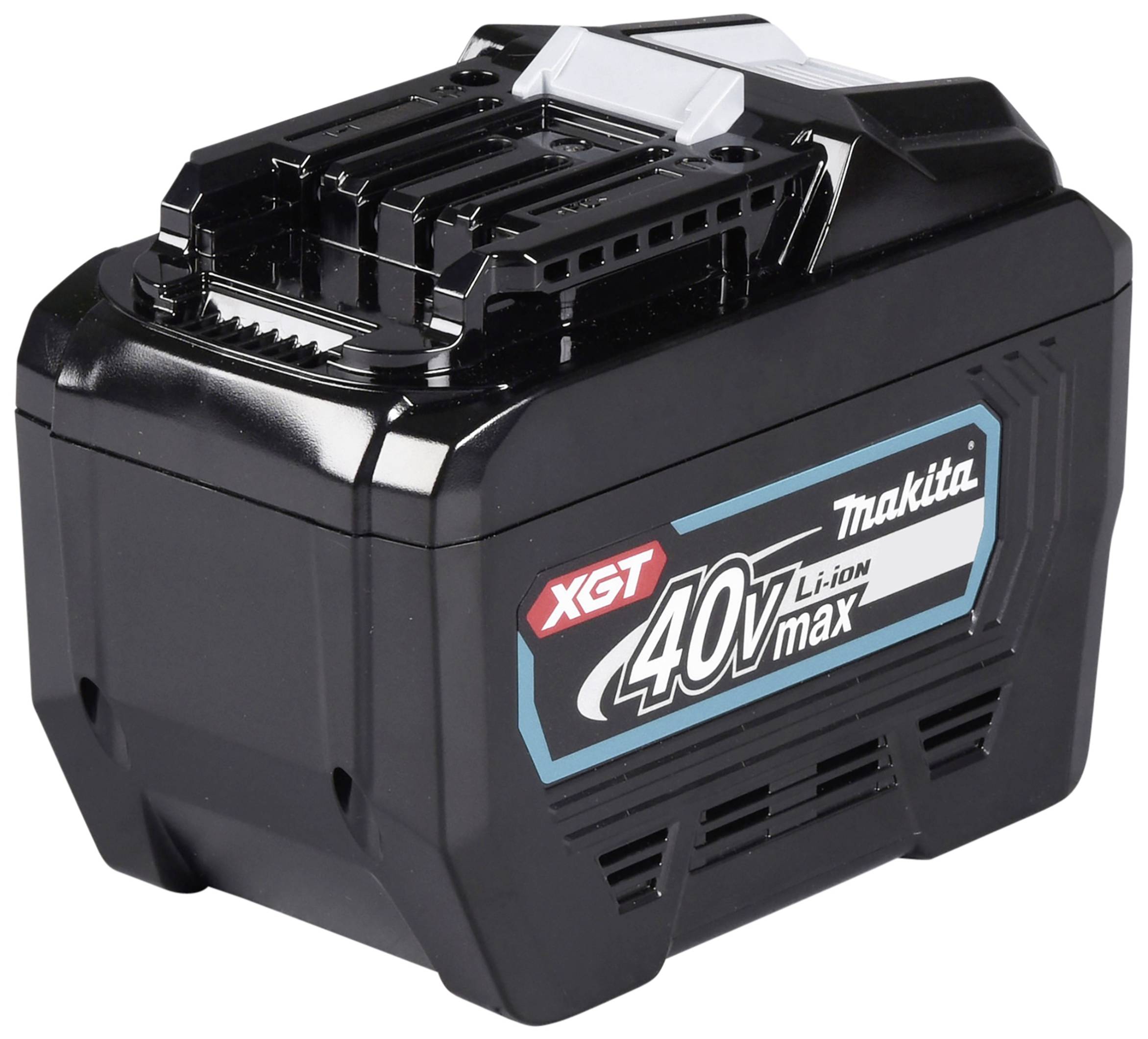 Schwarzer Makita 40V Lithium-Ionen-Akku mit XGT-Logo, entwickelt für Hochleistungswerkzeuge.