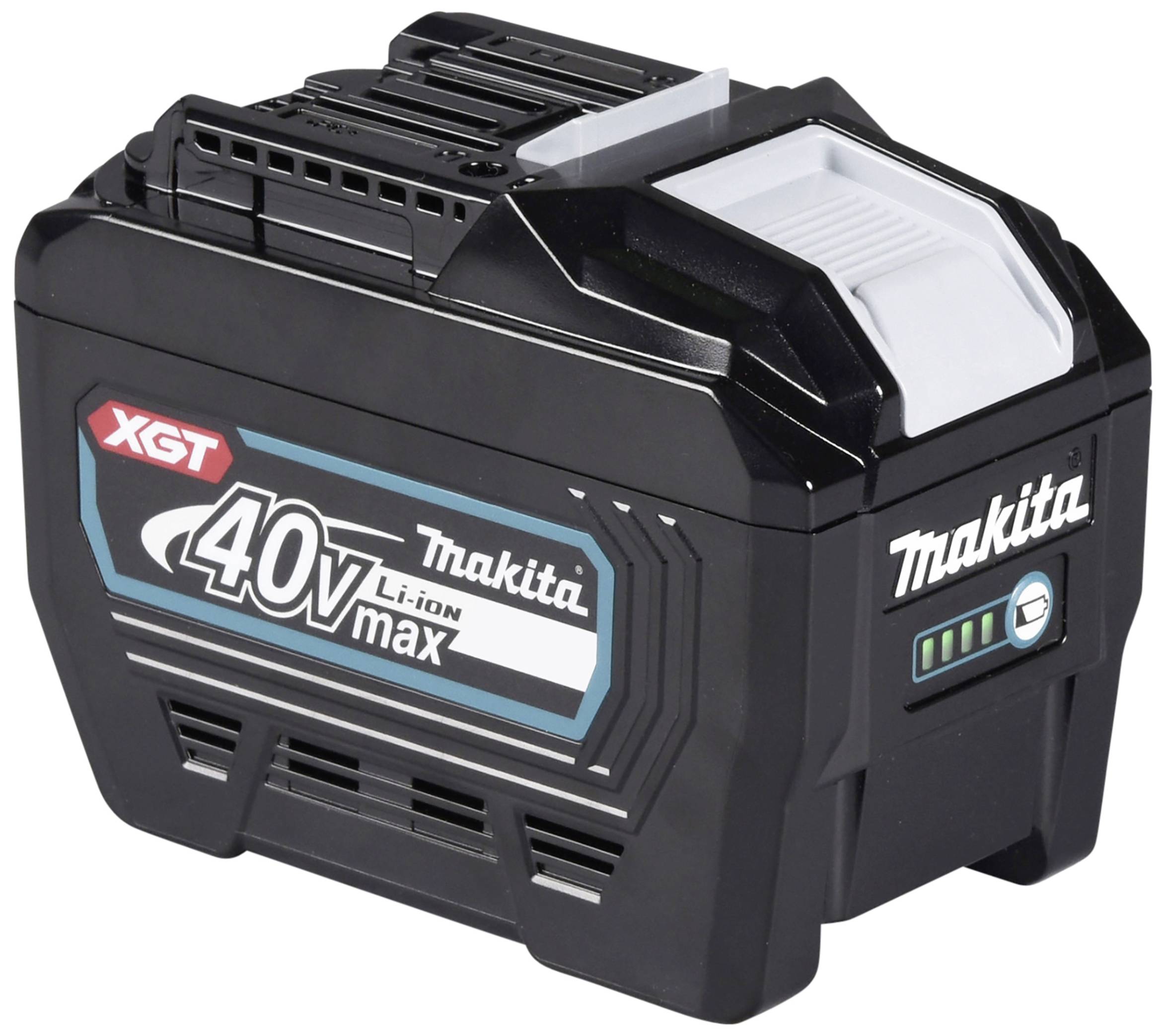 Schwarzer Makita 40V Lithium-Ionen-Akku, zeigt Ladestandanzeige auf der Oberseite und 'XGT' auf der Seite.