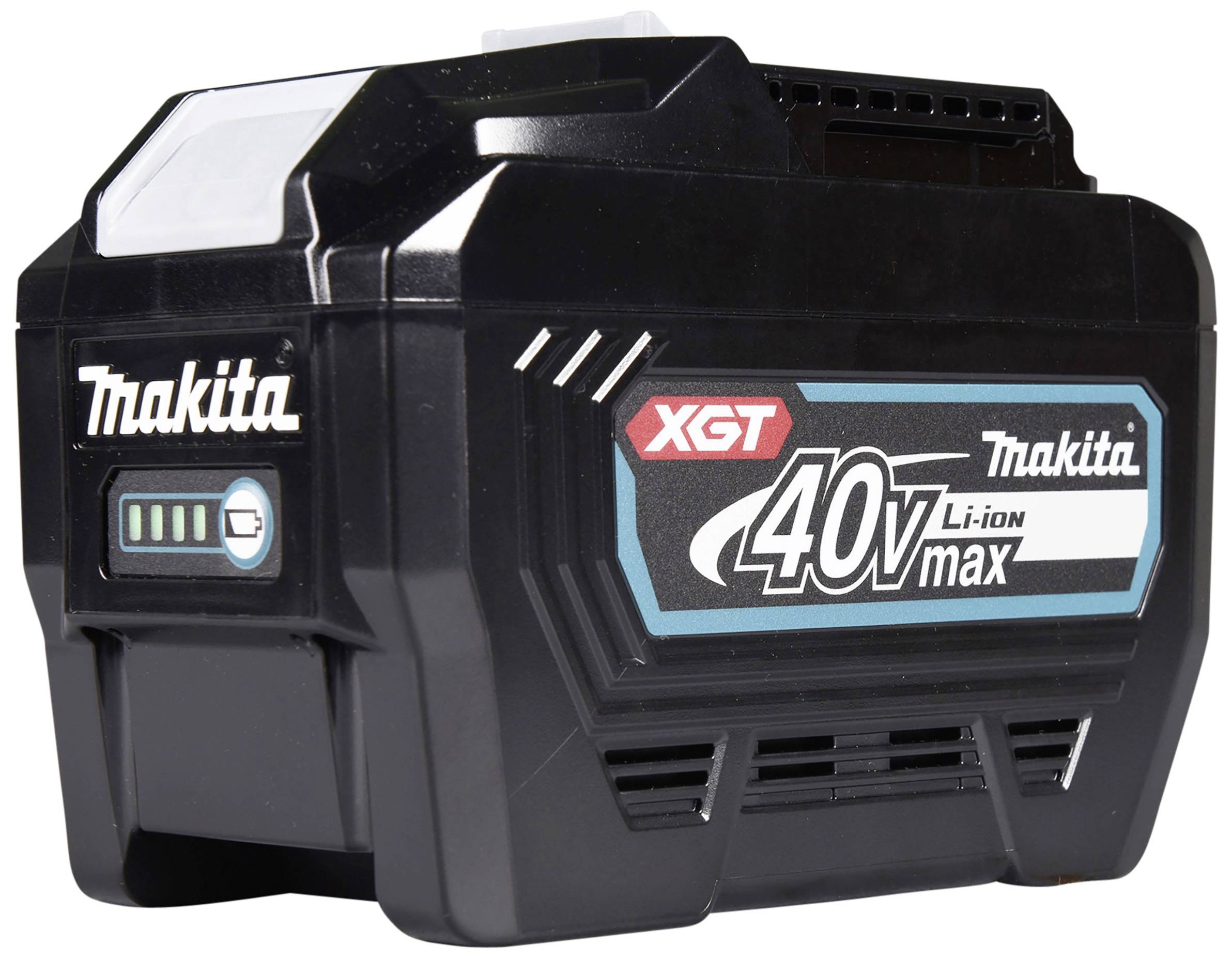 Schwarzer Makita 40V Li-Ion Akku mit XGT-Logo, zeigt eine Kapazitätsanzeige.