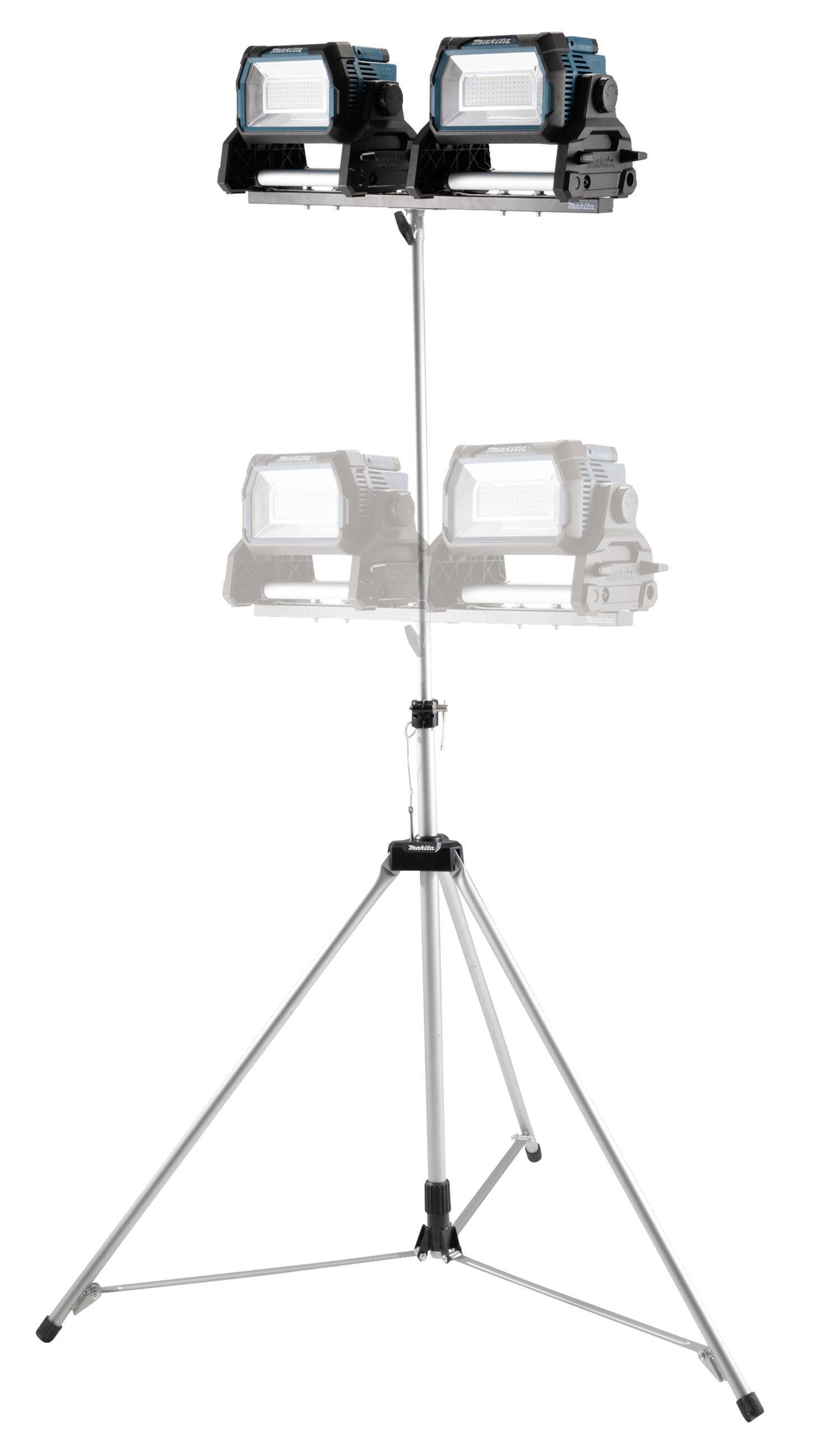 Ein tragbares LED-Arbeitslicht mit zwei Strahlern auf einem verstellbaren Stativ, ideal für Baustellenbeleuchtung.