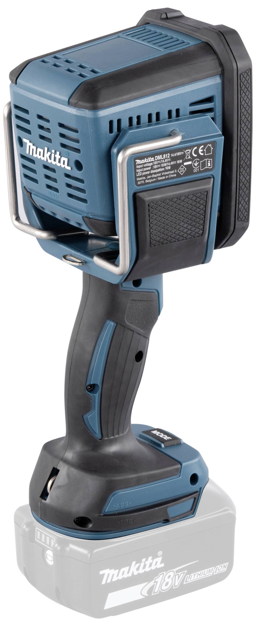 Kabelloser Makita Elektrowerkzeug-Bohrschrauber, schwarz-blau, mit grauem 18V-Li-Ionen-Akku.