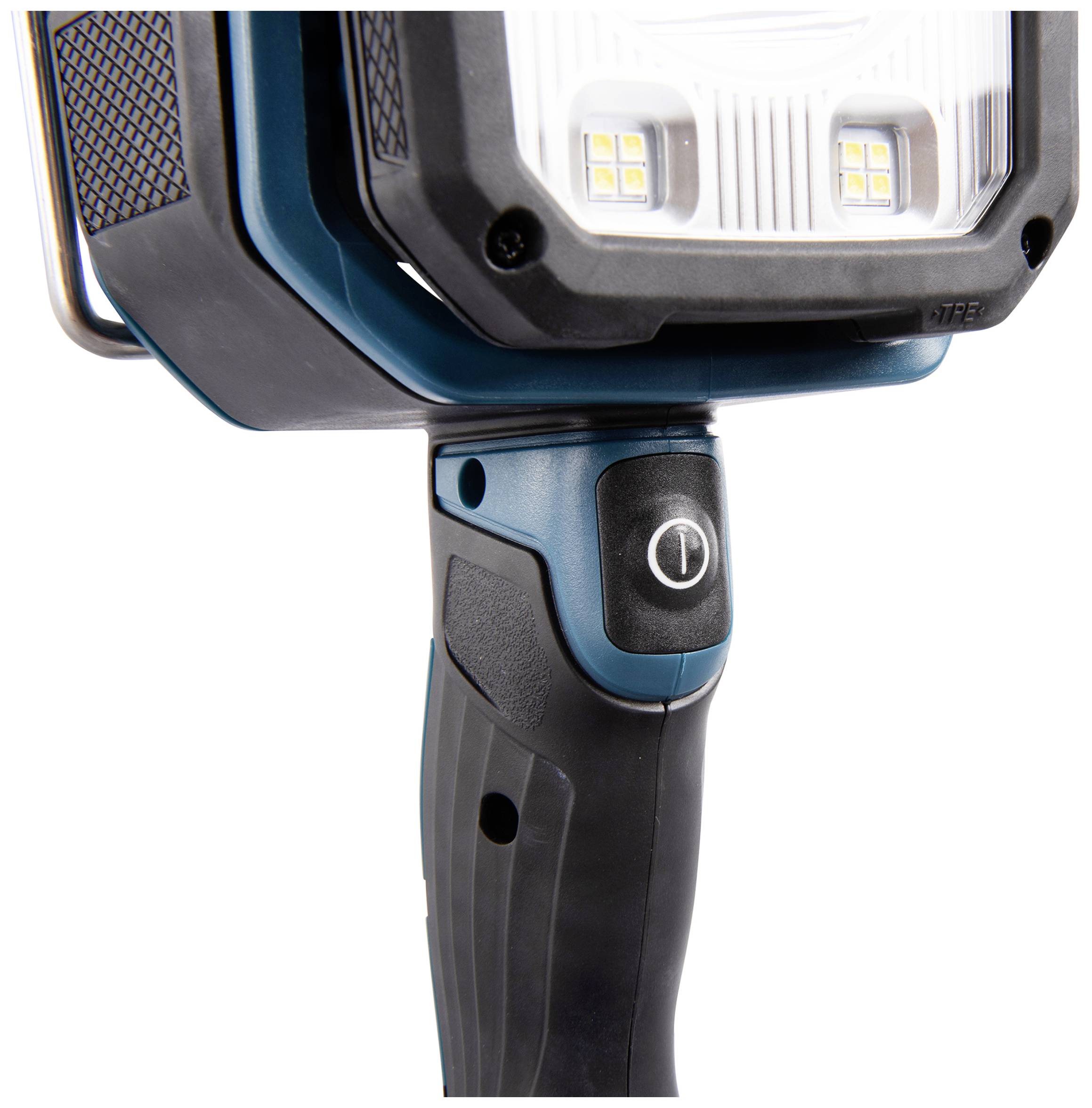 Ein blauer, tragbarer LED-Arbeitsscheinwerfer mit ergonomischem Griff und Ein/Aus-Schalter.