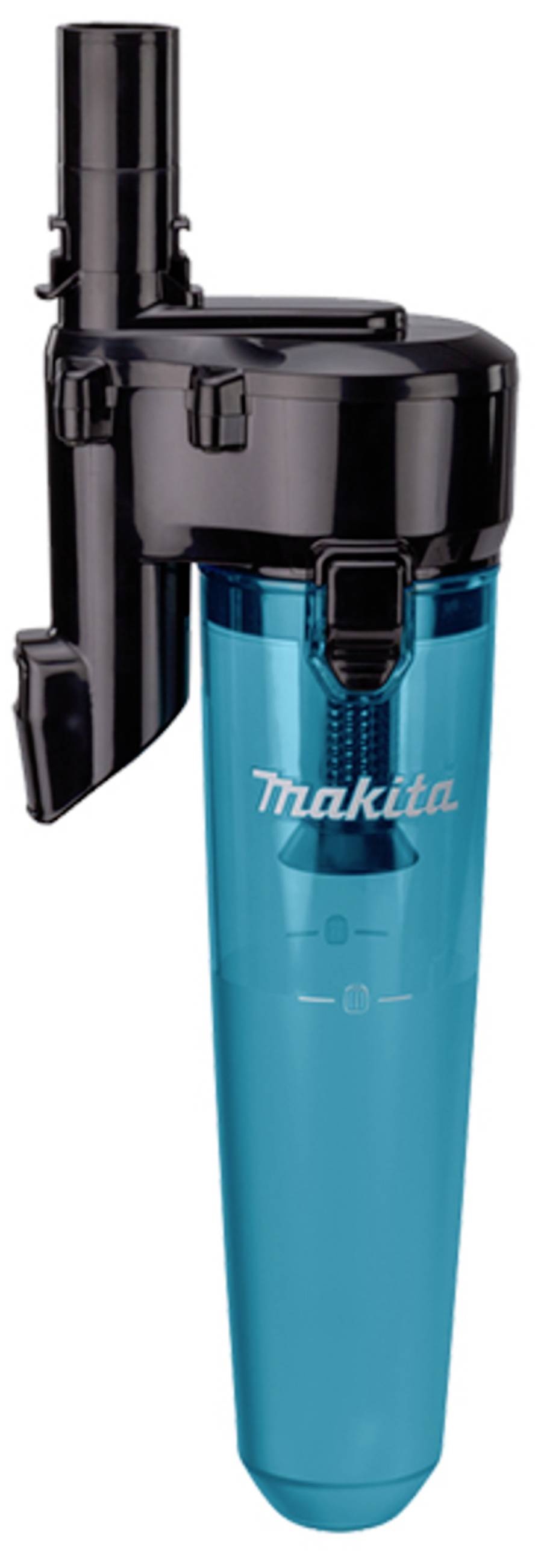 Ein blauer, zylindrischer Staubsaugeraufsatz mit schwarzem Halterungsteil. Aufschrift 'Makita'. Entworfen zur Staubabsaugung.