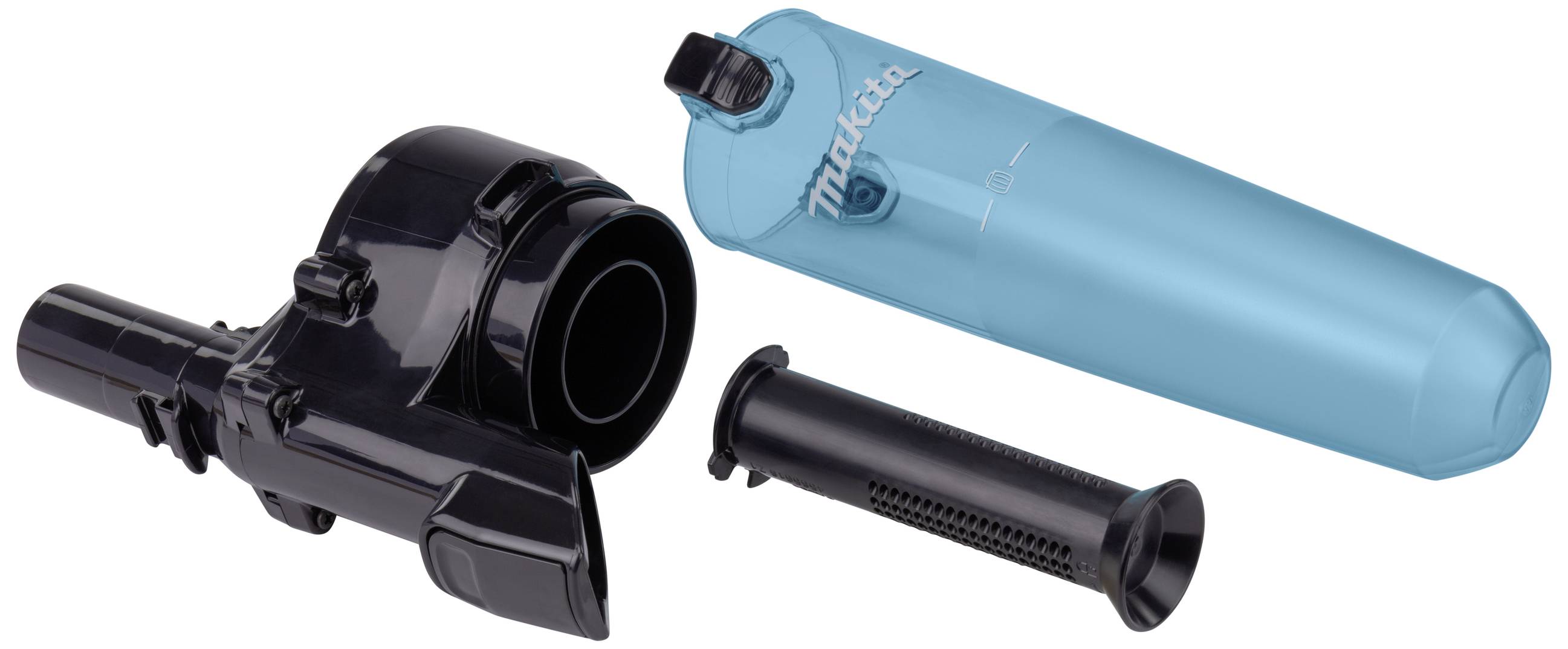 'Makita Staubabsaugungssystem bestehend aus blauem Behälter und schwarzem Aufsatz mit Handgriff, geeignet für Baustellenstaubsauger.'