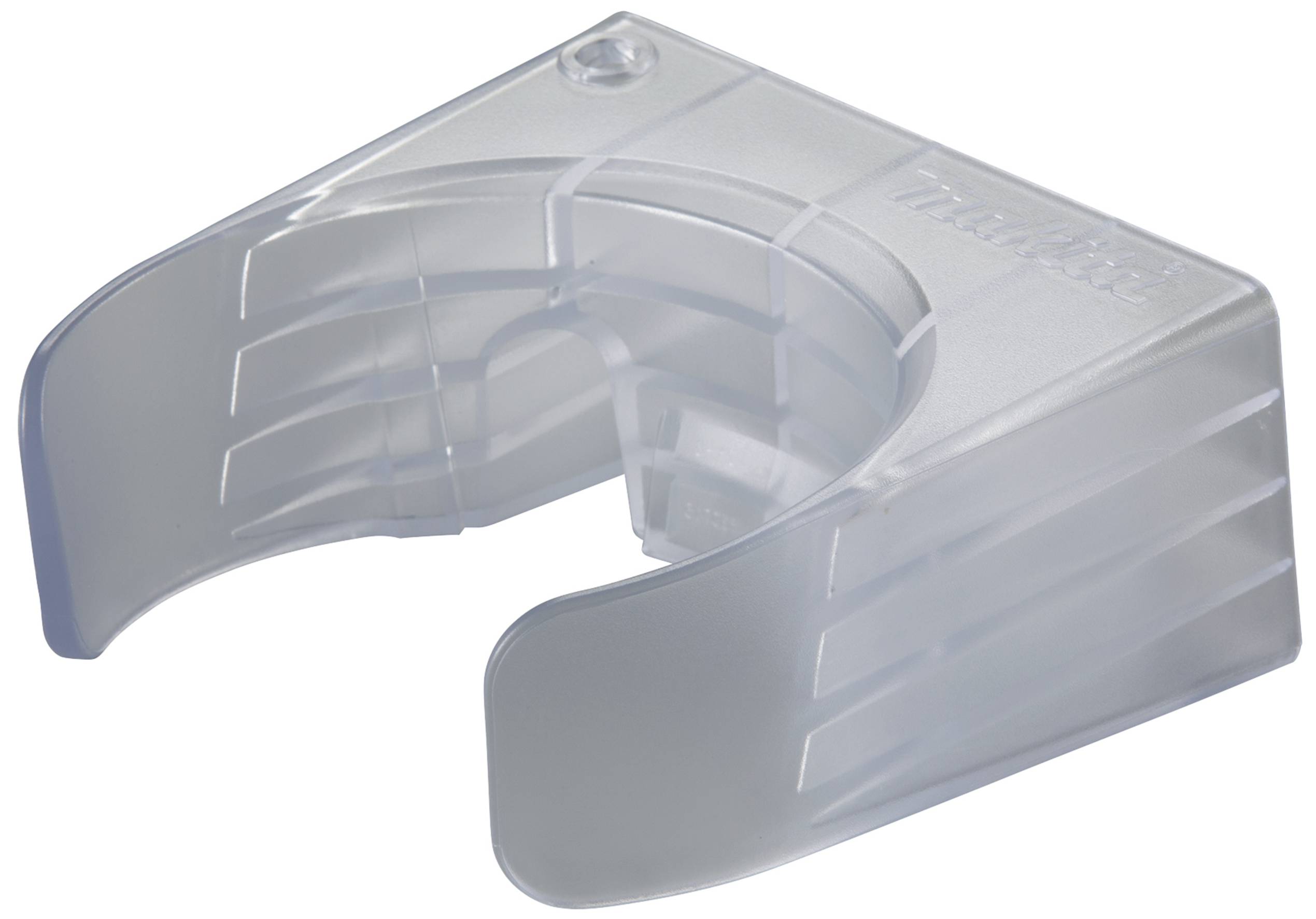 Ein transparenter, halbrunder Kunststoffaufsatz, möglicherweise ein Zahnschutz oder ein Geräteteil.
