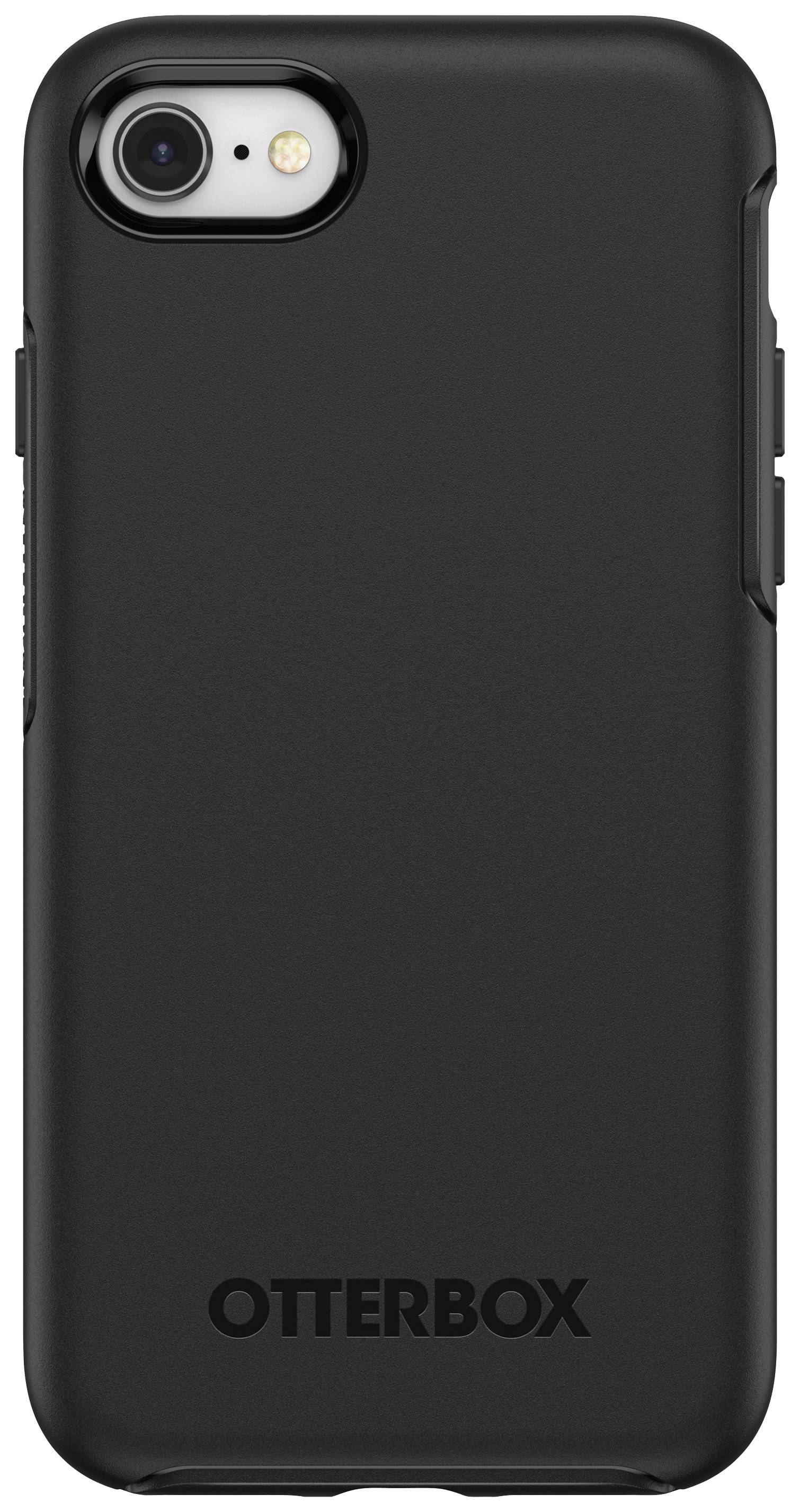 Ein schwarzes Smartphone-Case der Marke Otterbox, schlichtes Design, zeigt die Kameraöffnung und das Firmenlogo am unteren Rand.