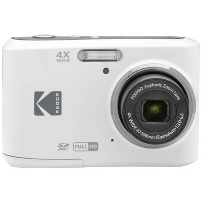 Eine weiße Digitalkamera mit 'Kodak'-Logo, 4X-Weitwinkelobjektiv und SDXC-Kompatibilität.