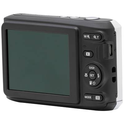 Digitalkamera-Rückseite mit großem Display, Steuerknöpfen und Menütasten.