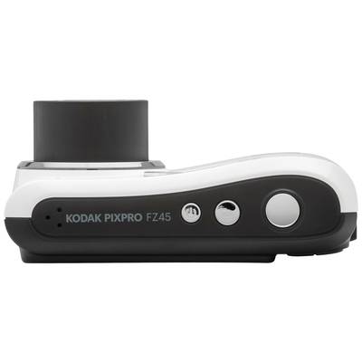 Digitalkamera in Seitenansicht; Modell 'KODAK PIXPRO FZ45'. Schwarz-weißes Gehäuse mit sichtbarem Objektiv und Bedienelementen.