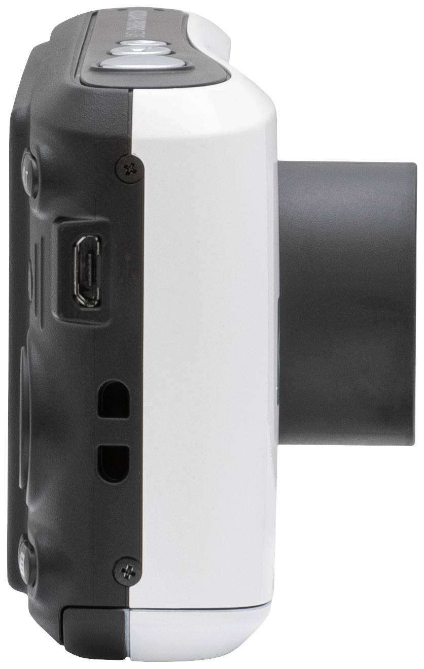 Digitalkamera, seitliche Ansicht. Zeigt Port für USB-Anschluss und Objektiv, das aus dem Gehäuse herausragt.