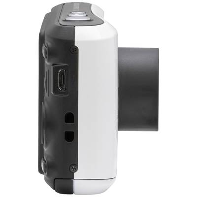 Digitalkamera, seitliche Ansicht. Zeigt Port für USB-Anschluss und Objektiv, das aus dem Gehäuse herausragt.