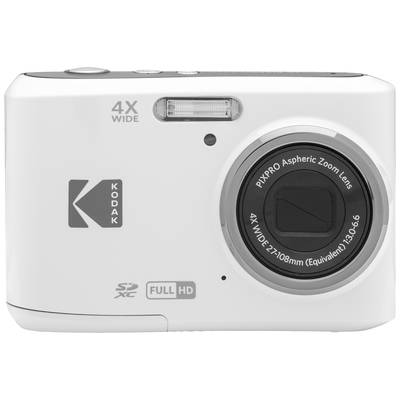 Eine weiße Digitalkamera mit Zoomobjektiv und Blitz auf der Vorderseite. Aufdrucke: '4X WIDE', 'Kodak', 'PIXPRO Aspheric Zoom Lens'.