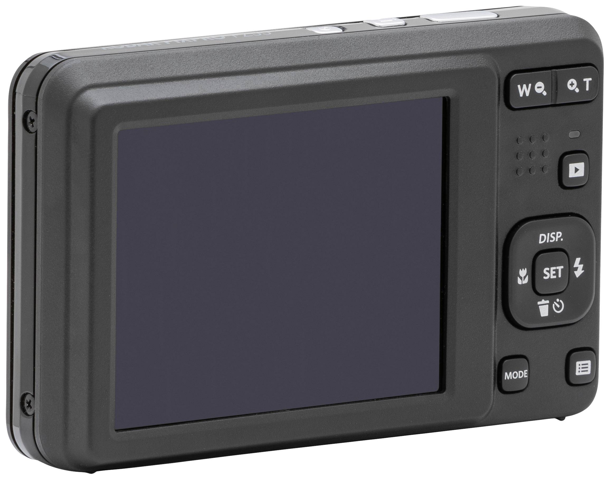 Digitalkamera von hinten, zeigt das Display und mehrere Tasten für Funktionen wie Zoom, Modusauswahl und Einstellungen.