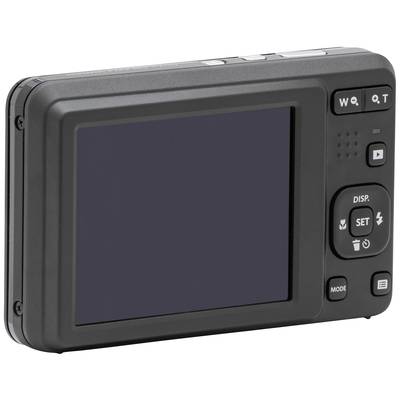 Digitalkamera von hinten, zeigt das Display und mehrere Tasten für Funktionen wie Zoom, Modusauswahl und Einstellungen.