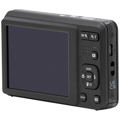 Digitalkamera-Rückansicht mit Display und Bedienknöpfen. Links Display, rechts Tasten zur Steuerung von Zoom, Einstellungen, Modus.