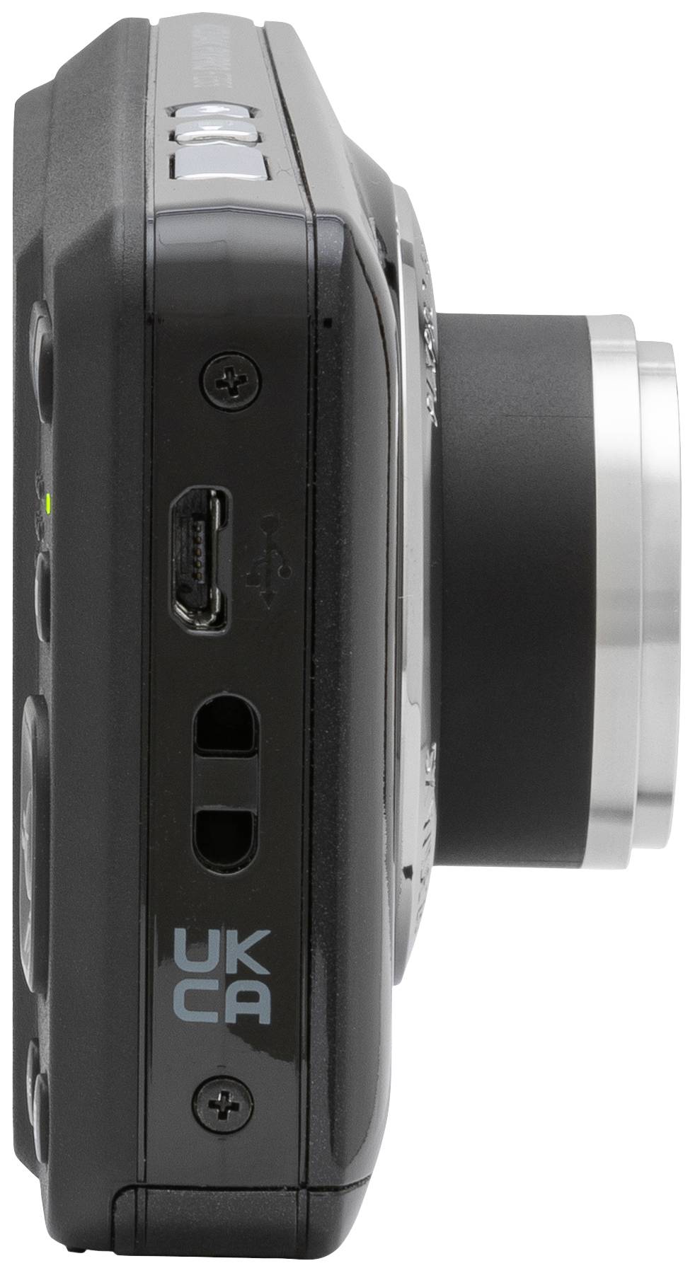 Digitalkamera in seitlicher Ansicht mit USB-Anschluss und Objektiv. Das Gehäuse ist schwarz, der Objektivrand silbern.