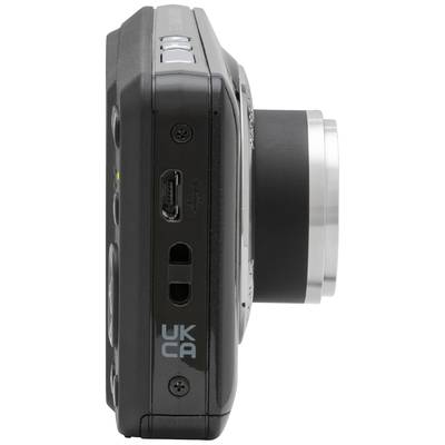 Digitalkamera in seitlicher Ansicht mit USB-Anschluss und Objektiv. Das Gehäuse ist schwarz, der Objektivrand silbern.