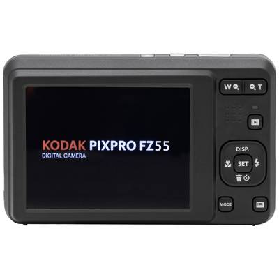 Digitalkamera-Rückseite mit Display, das 'KODAK PIXPRO FZ55 DIGITAL CAMERA' anzeigt. Bedienknöpfe rechts neben dem Bildschirm.