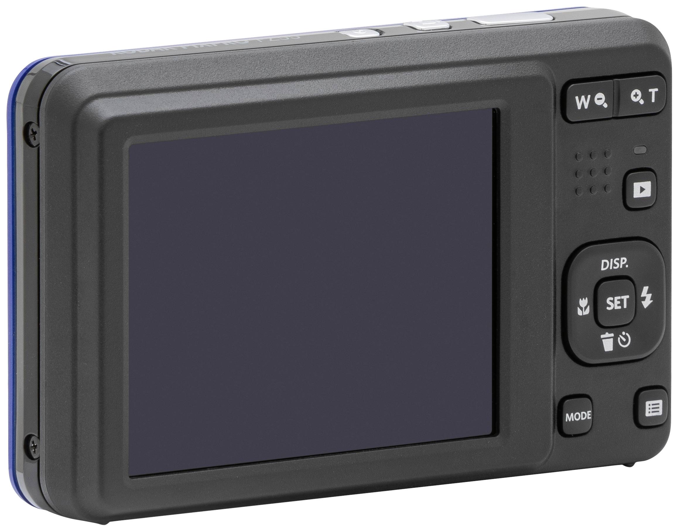 Rückansicht einer Digitalkamera mit Display und mehreren Bedientasten, darunter Zoom, Menü und Wiedergabe.