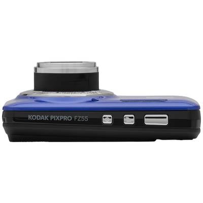 Blaue Digitalkamera mit ausgefahrenem Objektiv. Marke und Modell 'Kodak Pixpro FZ55' auf der Seite erkennbar.