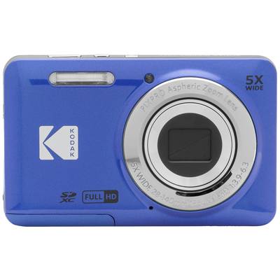 Blaue Digitalkamera, Vorderansicht: Objektiv in der Mitte, Blitz oben links, Marke links sichtbar, rechte Seite mit '5X WIDE'-Aufschrift.