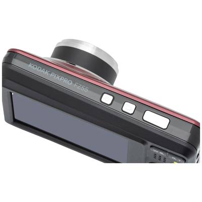Digitalkamera Kodak Pixpro FZ55 in einer diagonalen Ansicht, die Tasten und den Bildschirm zeigend, auf weißem Hintergrund.