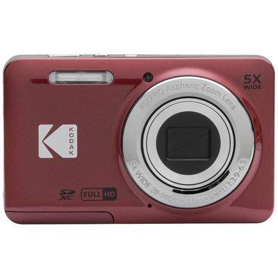 Eine rote Digitalkamera mit 'Kodak'-Logo, asphärischem Zoomobjektiv und 5-facher Weitwinkelvergrößerung.