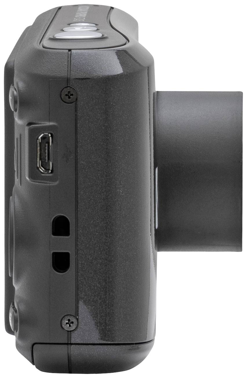 Digitalkamera, seitlich gezeigt, mit herausgefahrenem Objektiv. Oben sind zwei Knöpfe zu sehen, auf der Seite ein USB-Anschluss.