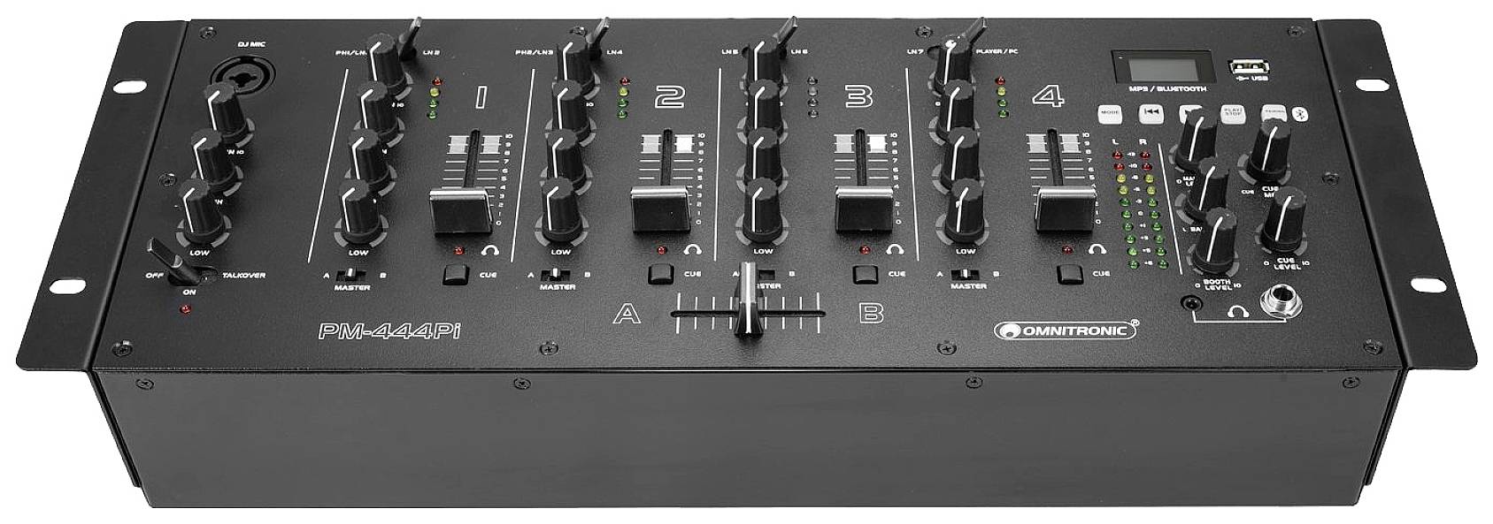 Ein DJ-Mischpult mit mehreren Kanälen, Reglern und Anzeigen. Jeder der vier Kanäle verfügt über Fader und Drehregler für verschiedene Einstellungen.