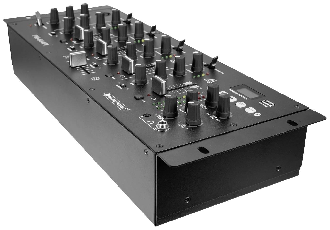 Ein schwarzes Audiomischpult mit zahlreichen Reglern und Knöpfen, verwendet zur Steuerung und Mischung von Audiosignalen bei Veranstaltungen.