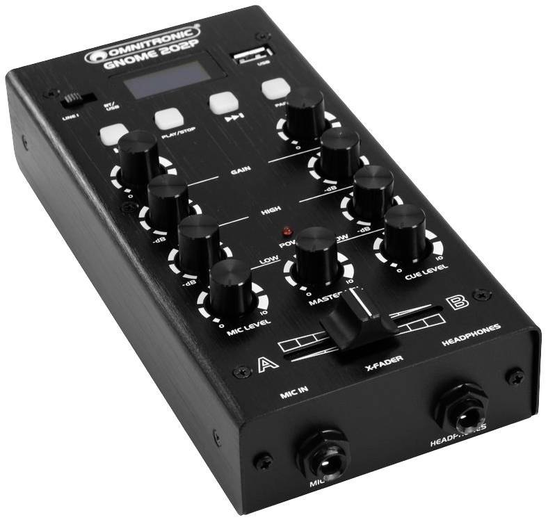Ein schwarzer Audiomixer mit mehreren Drehknöpfen und Anschlüssen. Beschriftungen umfassen 'Gain', 'Master' und 'Headphones'. Geeignet für DJ-Anwendungen.