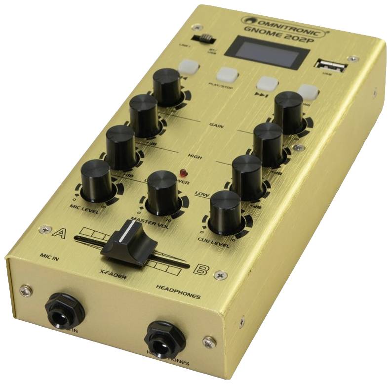 Tragbarer DJ-Mixer mit mehreren Drehknöpfen und Anschlüssen. Goldfarbenes Gehäuse, Markenname oben, USB-Anschluss erkennbar.