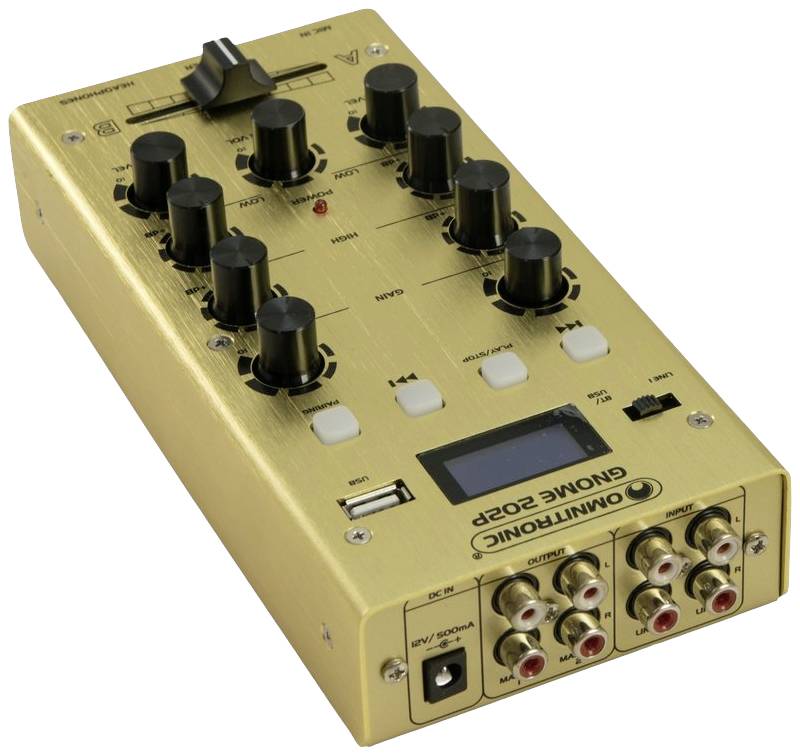 Ein goldfarbener Audio-Mixer mit mehreren Reglern und Tasten, Display und RCA-Anschlüssen; dient zur Audioanpassung und Verbindung.