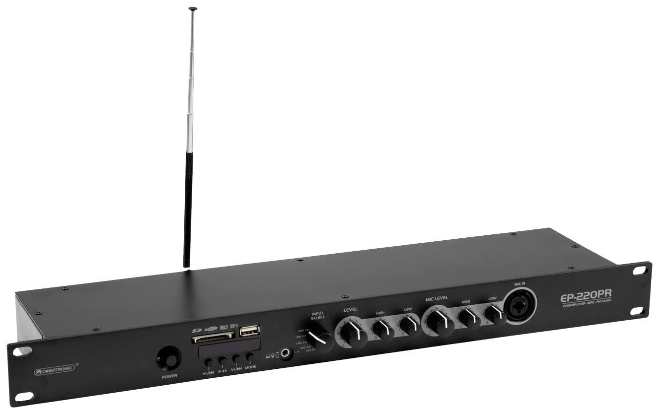 Ein schwarzer Audiomischer mit Drehreglern, mehreren Eingängen und USB-Anschluss. Eine Antenne ist an der Rückseite befestigt.