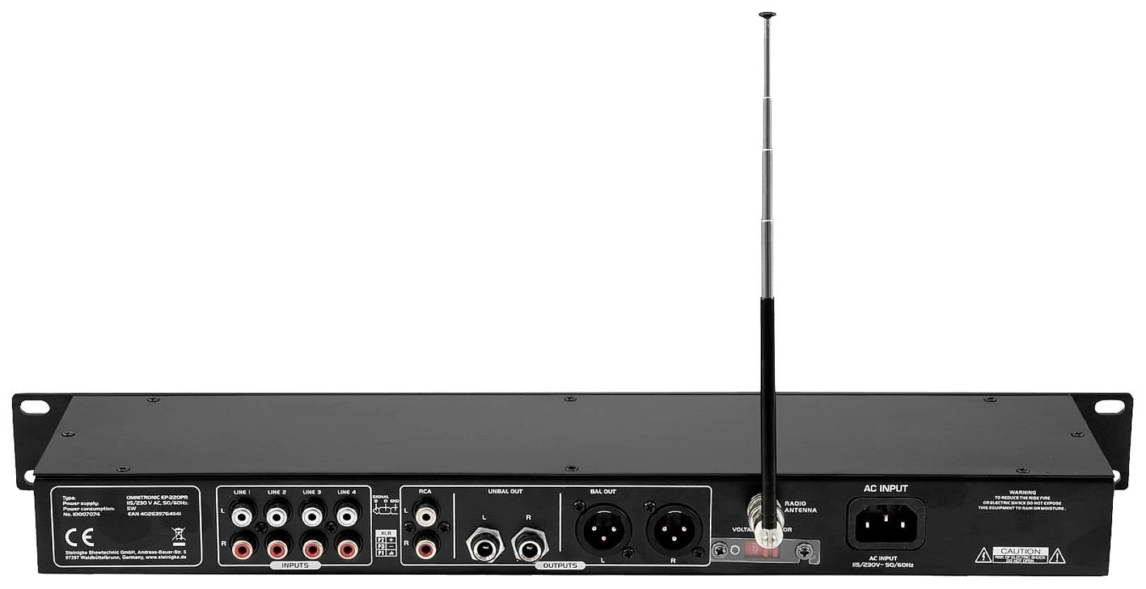 Rückansicht eines Audio-Rack-Geräts mit verschiedenen Anschlüssen, einer abnehmbaren Antenne und einem Netzkabelanschluss.