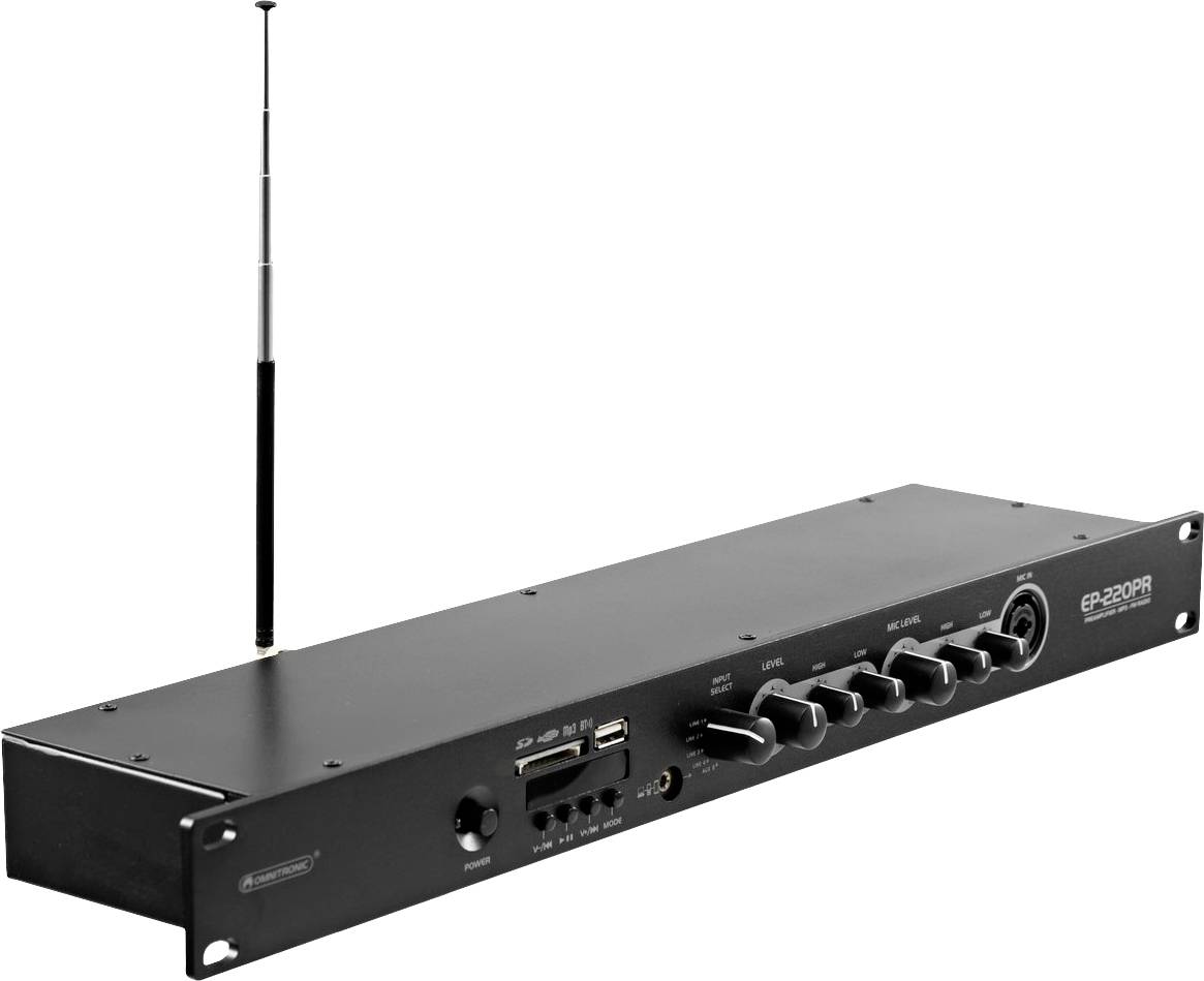 Ein schwarzer Audioverstärker mit mehreren Reglern, USB-Anschluss und Antenne, vermutlich für Musikanlagen oder ähnliche Anwendungen.