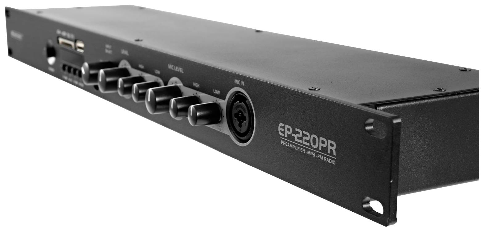 Ein schwarzes Audio-Rack mit mehreren Knöpfen und Anschlüssen, geeignet für professionelle Sound-Mischung und Steuerung.