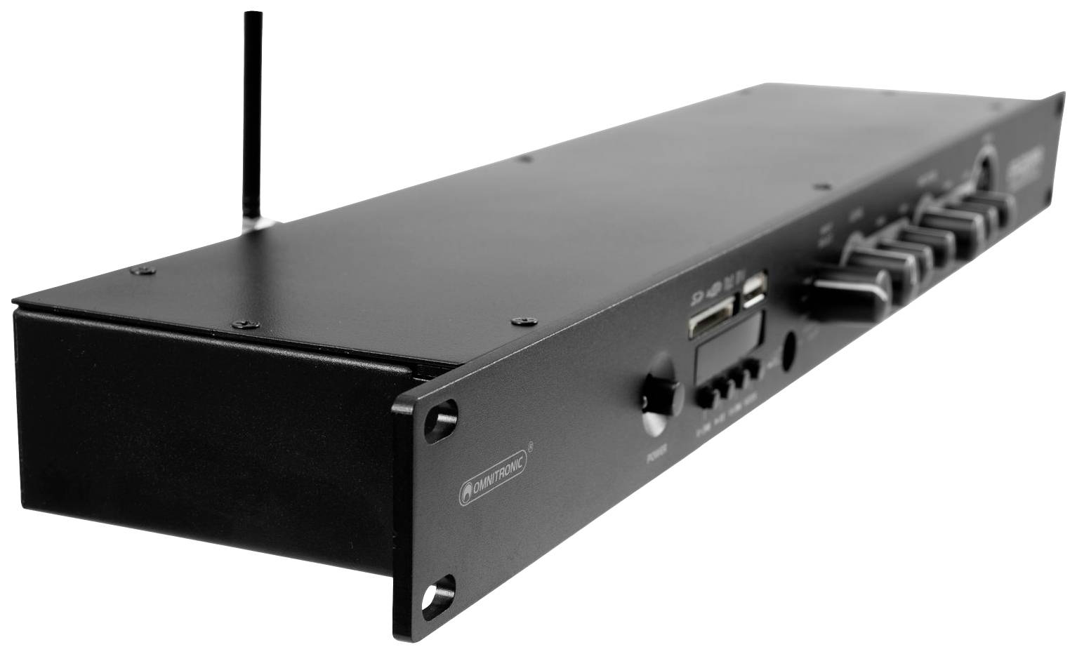 Schwarzes Audio-Rack-Gerät mit Antenne und mehreren Drehknöpfen an der Vorderseite.