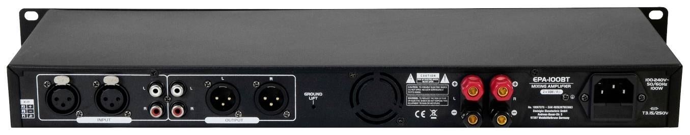 Rückansicht eines Audiogeräts mit verschiedenen Anschlüssen, darunter XLR, RCA, und Lautsprecherklemmen, sowie einem Netzanschluss.