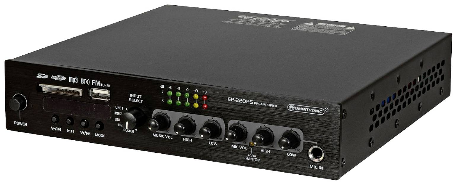 Ein schwarzer Audiomixer mit mehreren Reglern, Tasten und Leuchten für verschiedene Audioeinstellungen und Funktionen.