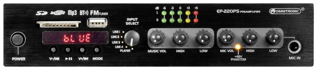Schwarzes Audio-Panel mit SD-Karten- und USB-Eingängen, Lautstärkereglern, LED-Pegelanzeigen und FM-Tuner. 