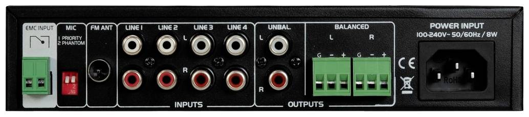 'Rückseite eines Audiogeräts mit verschiedenen Eingängen: MIC, LINE 1-4, UNBALANCED, BALANCED, und einem Stromanschluss.'