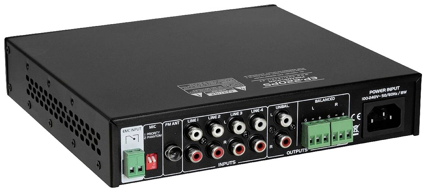 Ein Verstärker zeigt mehrere Audioeingänge und -ausgänge auf der Rückseite. Beschriftungen helfen bei der Verkabelung.