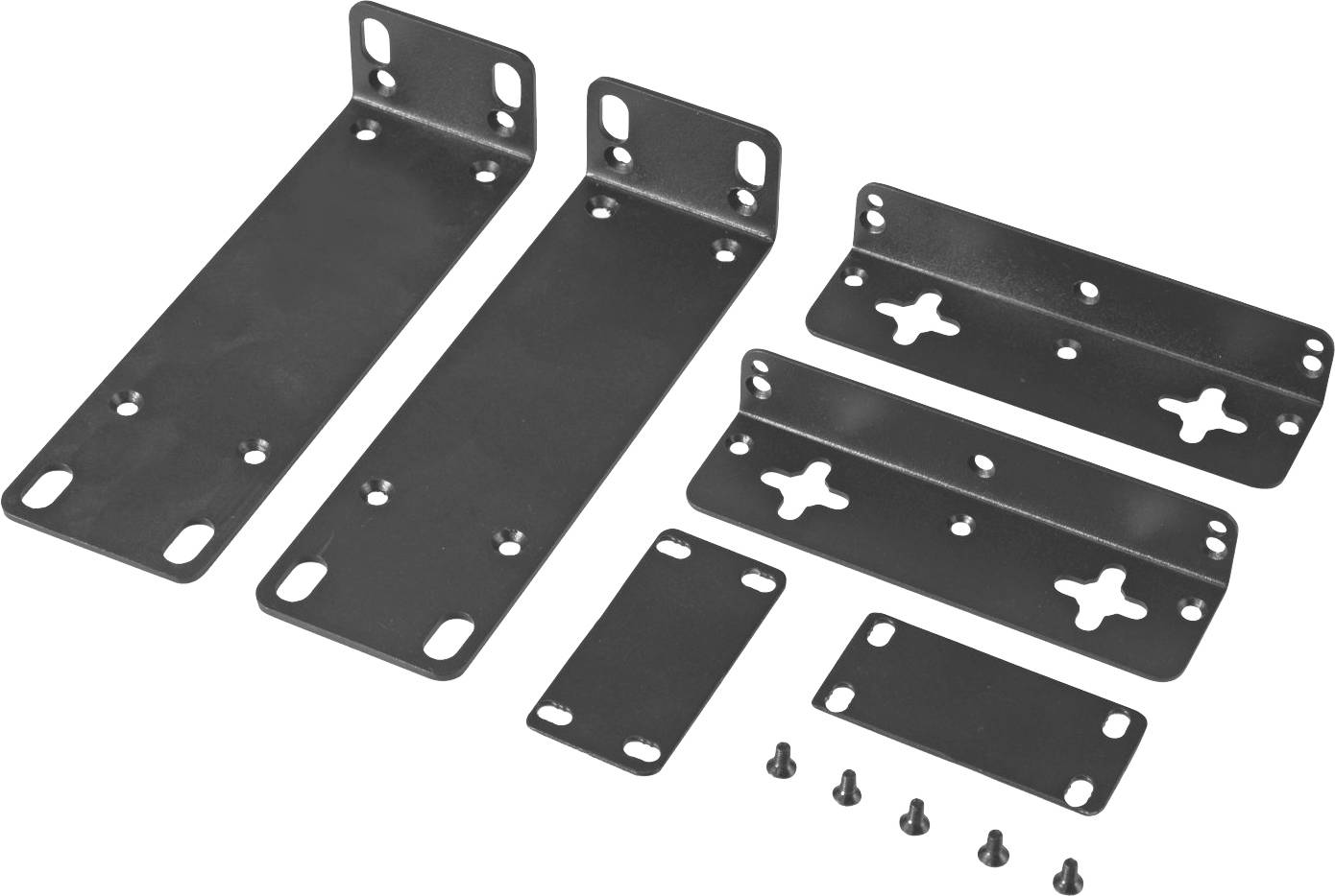 Sechs schwarze Metallplatten unterschiedlicher Größe mit vier Schrauben, vermutlich Teile eines Montagesatzes.