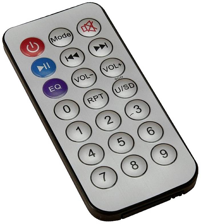 Eine weiße Fernbedienung mit Tasten für Lautstärke, Wiedergabe, Pause und weiteren Audiofunktionen.